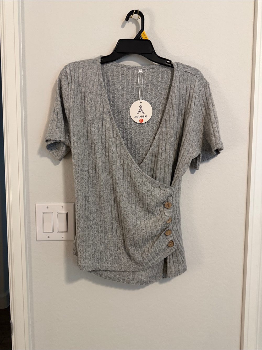 Anxpress Light Gray Ribbed Wrap-Style Short Sleeve Top